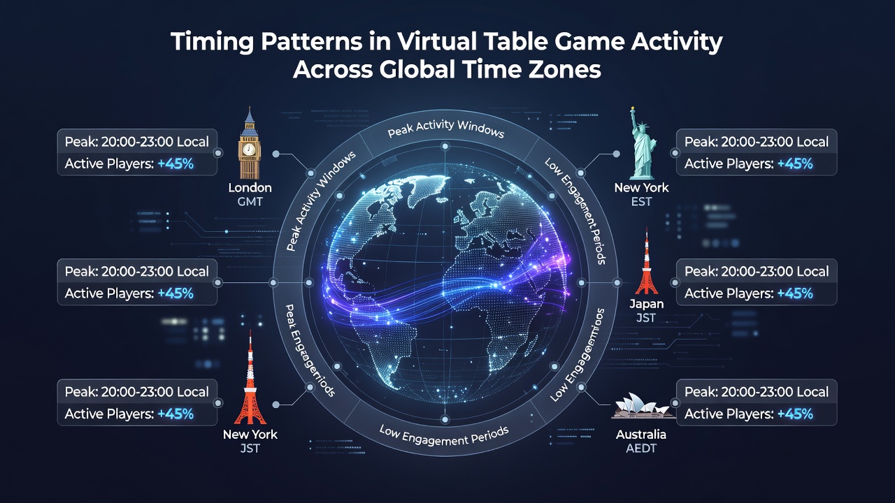 Kaart met tijdzones en activiteitsniveaus in virtuele tafelspellen