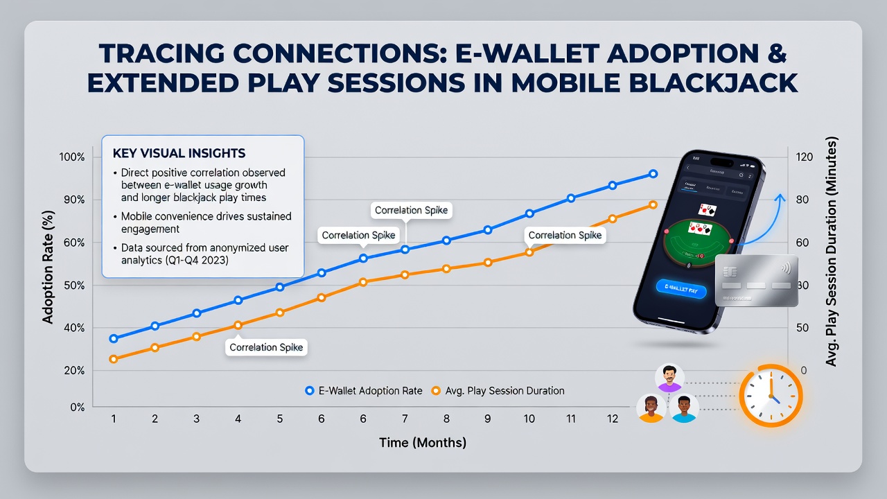 Grafiek die adoptiecijfers van e-wallets koppelt aan gemiddelde sessielengtes bij blackjack gebruikers